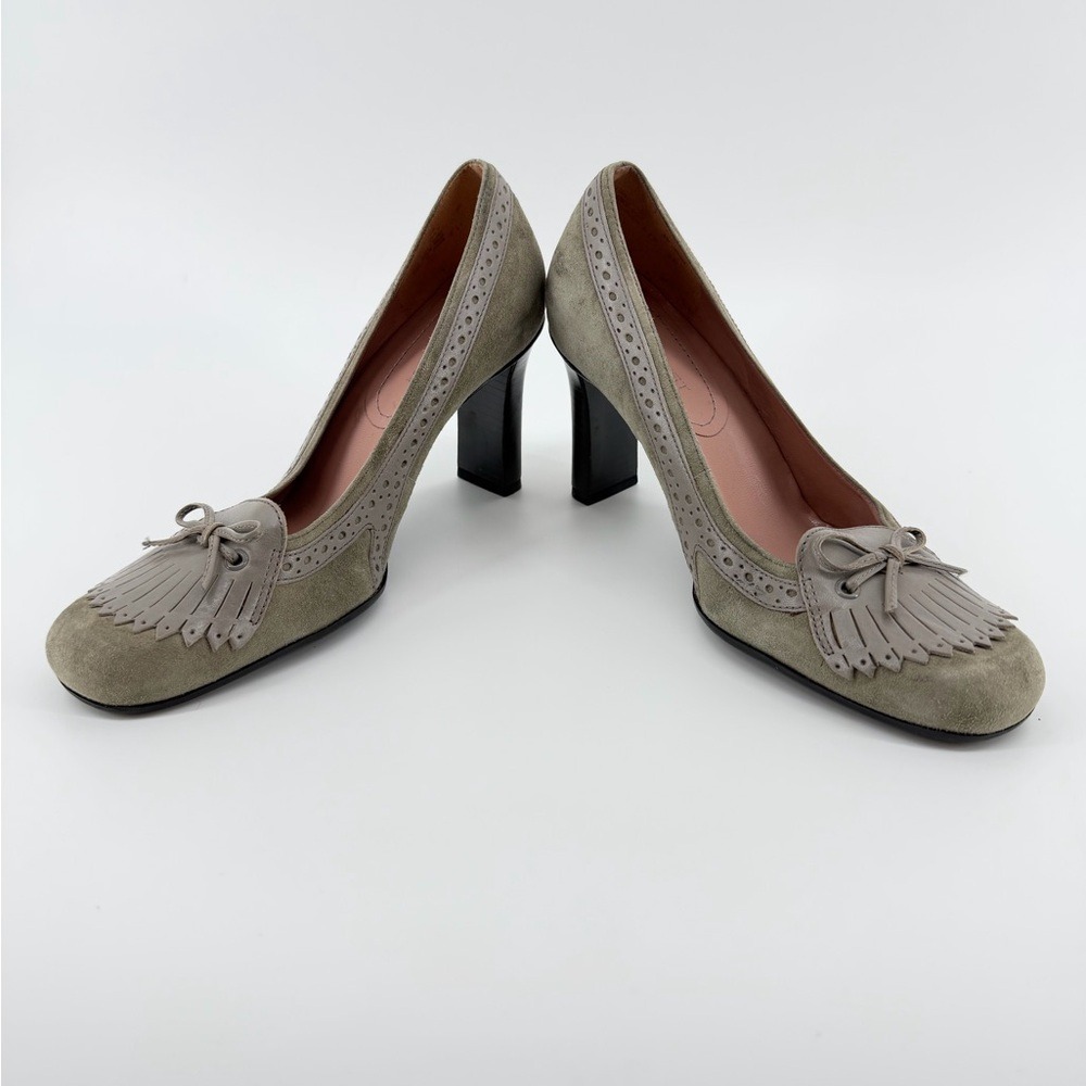 Nine West Womens 6 Oxford Olive Suede Kiltie Fringe Wingtip Block Heel Pumps Bow - Picture 5 of 10